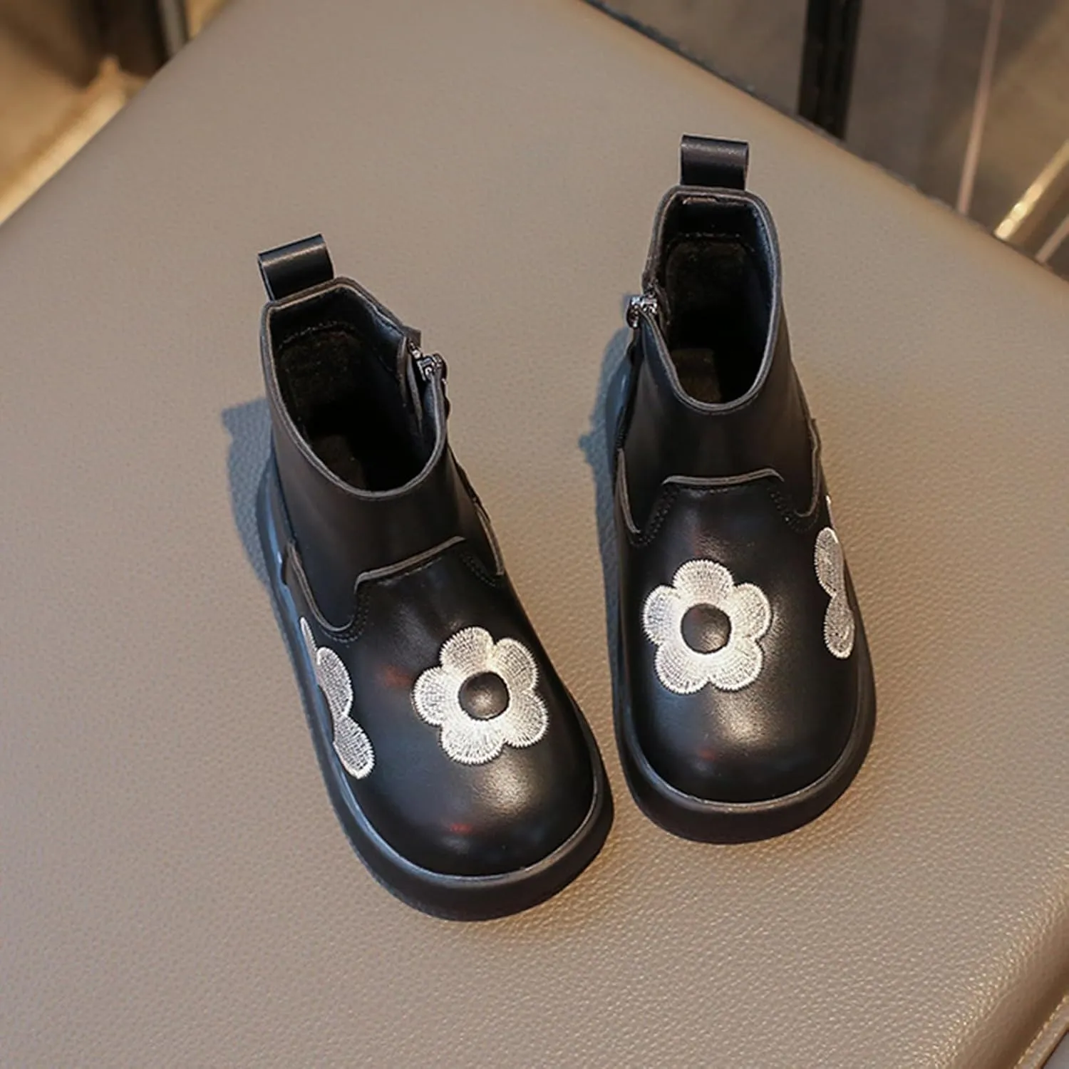 Toddler/Little Kid Girls Short Ankle Boots Flower Embroidery Side Zipper Dress Booties Casual School Flat Shoes