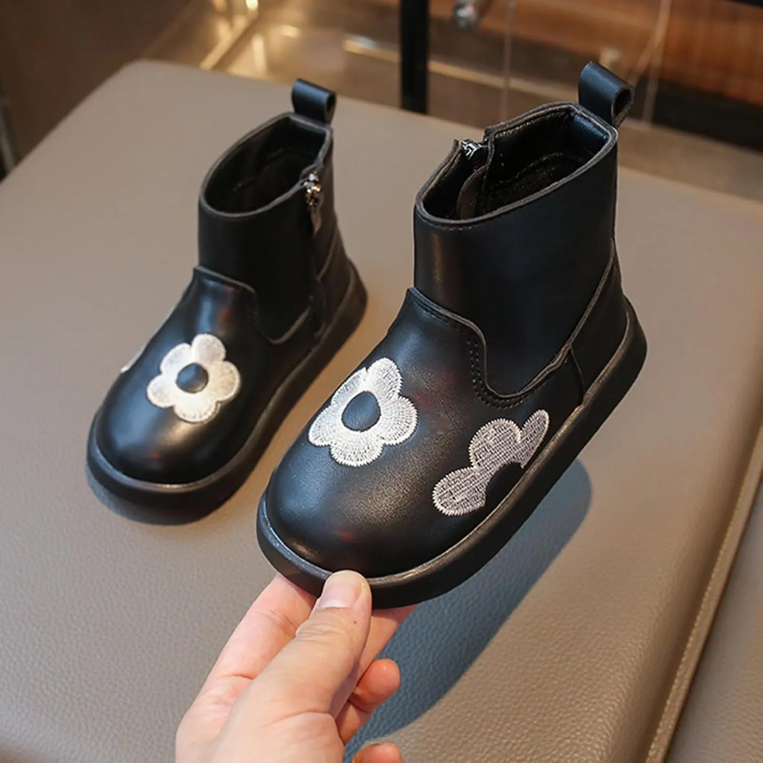 Toddler/Little Kid Girls Short Ankle Boots Flower Embroidery Side Zipper Dress Booties Casual School Flat Shoes