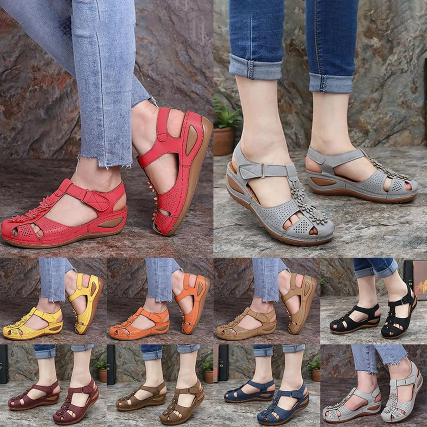 Wedge Sandals for Women Closed Toe Comfortable with Massage Function Outdoor Platform Orthotic Slippers Arch Support Shoes Orthopedic Dressy Summer Buckle Ankle Strap Espadrilles