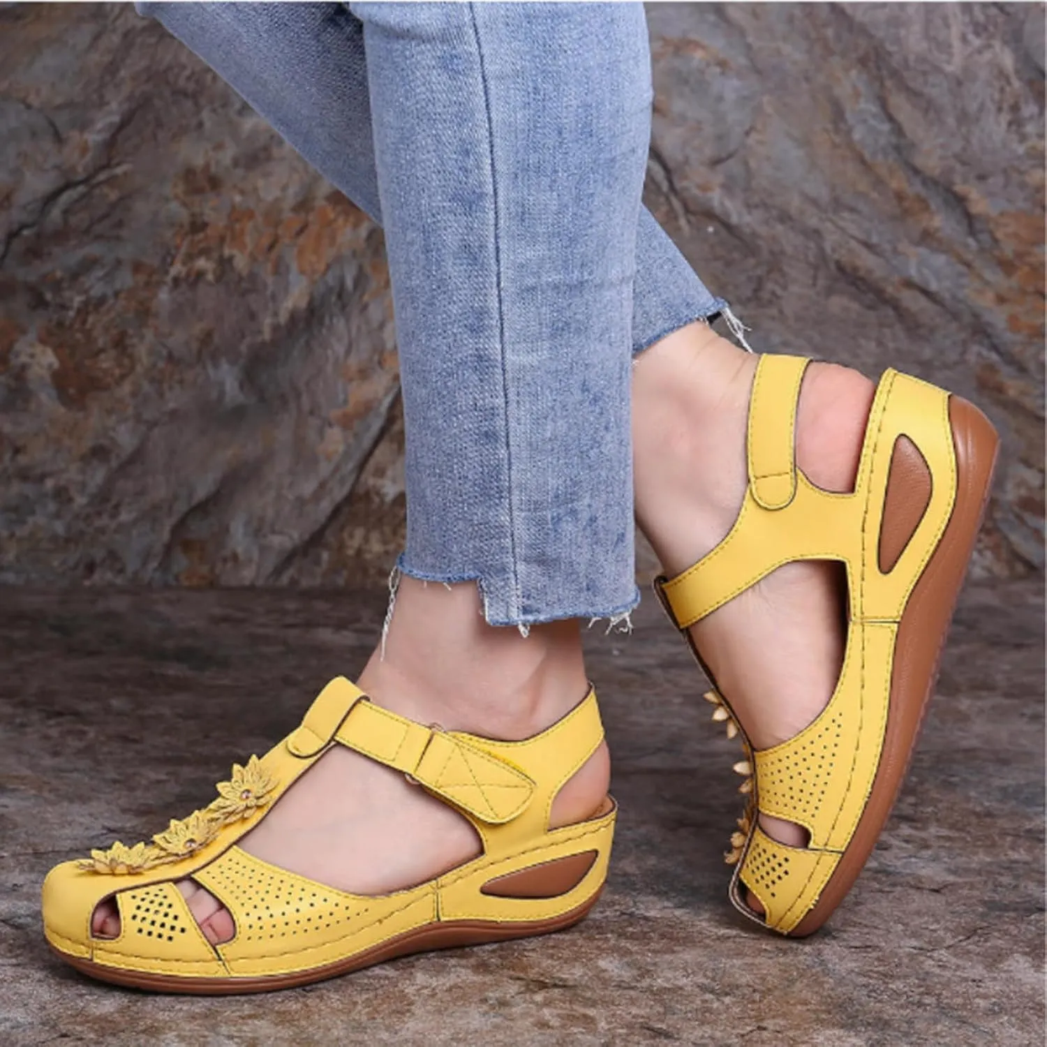 Wedge Sandals for Women Closed Toe Comfortable with Massage Function Outdoor Platform Orthotic Slippers Arch Support Shoes Orthopedic Dressy Summer Buckle Ankle Strap Espadrilles