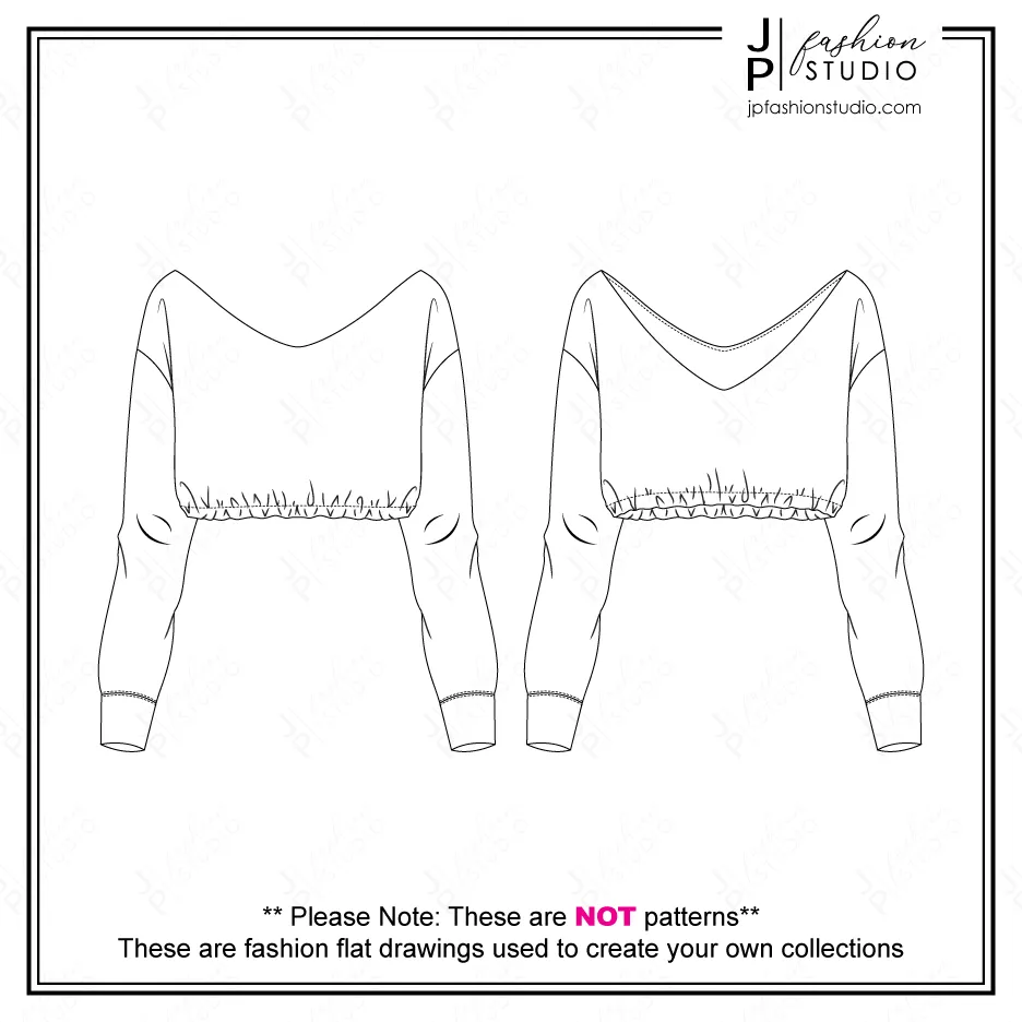 Women Crop Sweatshirts Sketches (2 Styles) / Fashion Flat Sketches / Crop Tops Fashion Technical Drawings