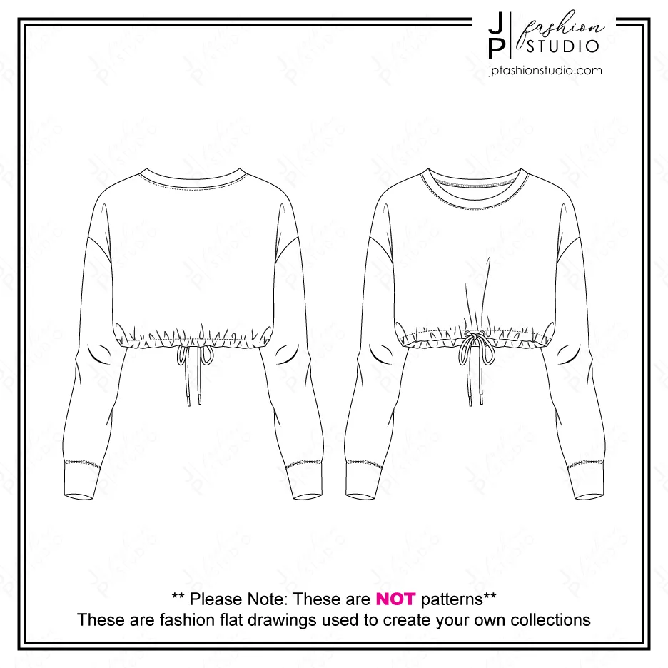 Women Crop Sweatshirts Sketches (2 Styles) / Fashion Flat Sketches / Crop Tops Fashion Technical Drawings