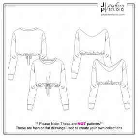 Women Crop Sweatshirts Sketches (2 Styles) / Fashion Flat Sketches / Crop Tops Fashion Technical Drawings