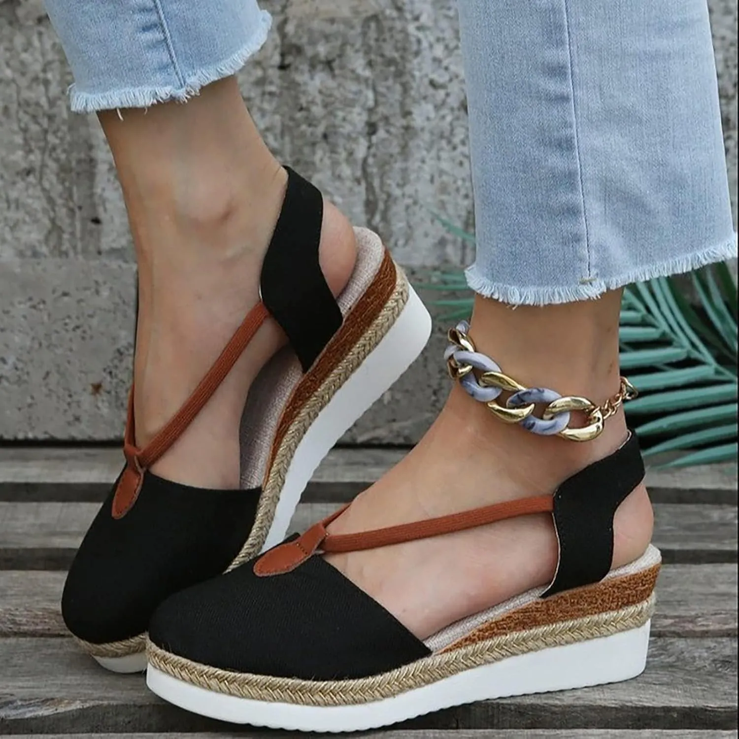 Women Orthopedic Wedge Sandals Summer Dressy Closed Toe Espadrille Wedge Heels Sandals Comfortable Wide Width Non Slip Shoes with Adjustable Ankle Strap Metal Buckle Indoor Outdoor