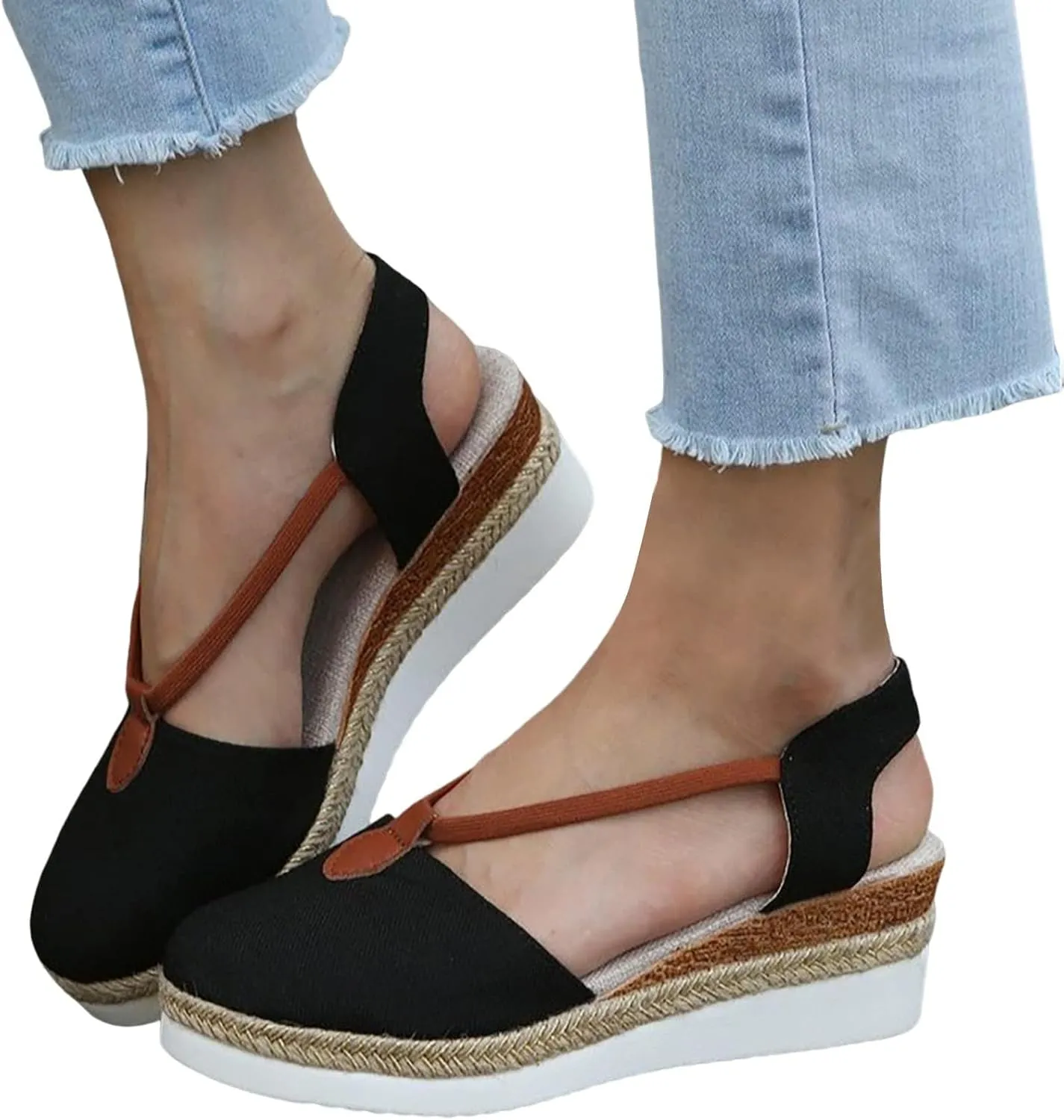 Women Orthopedic Wedge Sandals Summer Dressy Closed Toe Espadrille Wedge Heels Sandals Comfortable Wide Width Non Slip Shoes with Adjustable Ankle Strap Metal Buckle Indoor Outdoor