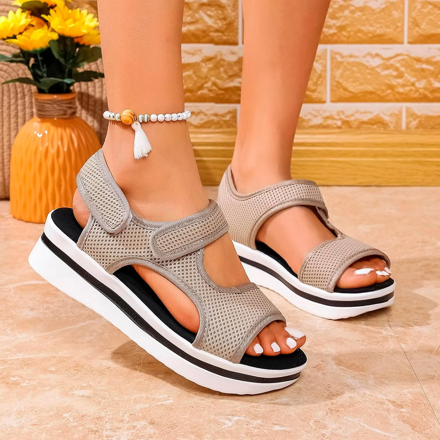 Women's Fashion Walking Sandals Comfortable Orthopedic Adjustable Strap Cushion Open-Toe Slip-On Platrorm Arch Support Slipper Shoes