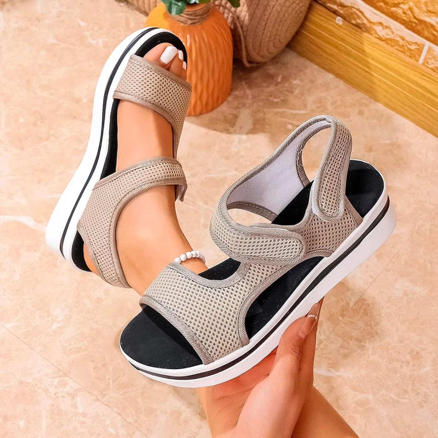 Women's Fashion Walking Sandals Comfortable Orthopedic Adjustable Strap Cushion Open-Toe Slip-On Platrorm Arch Support Slipper Shoes