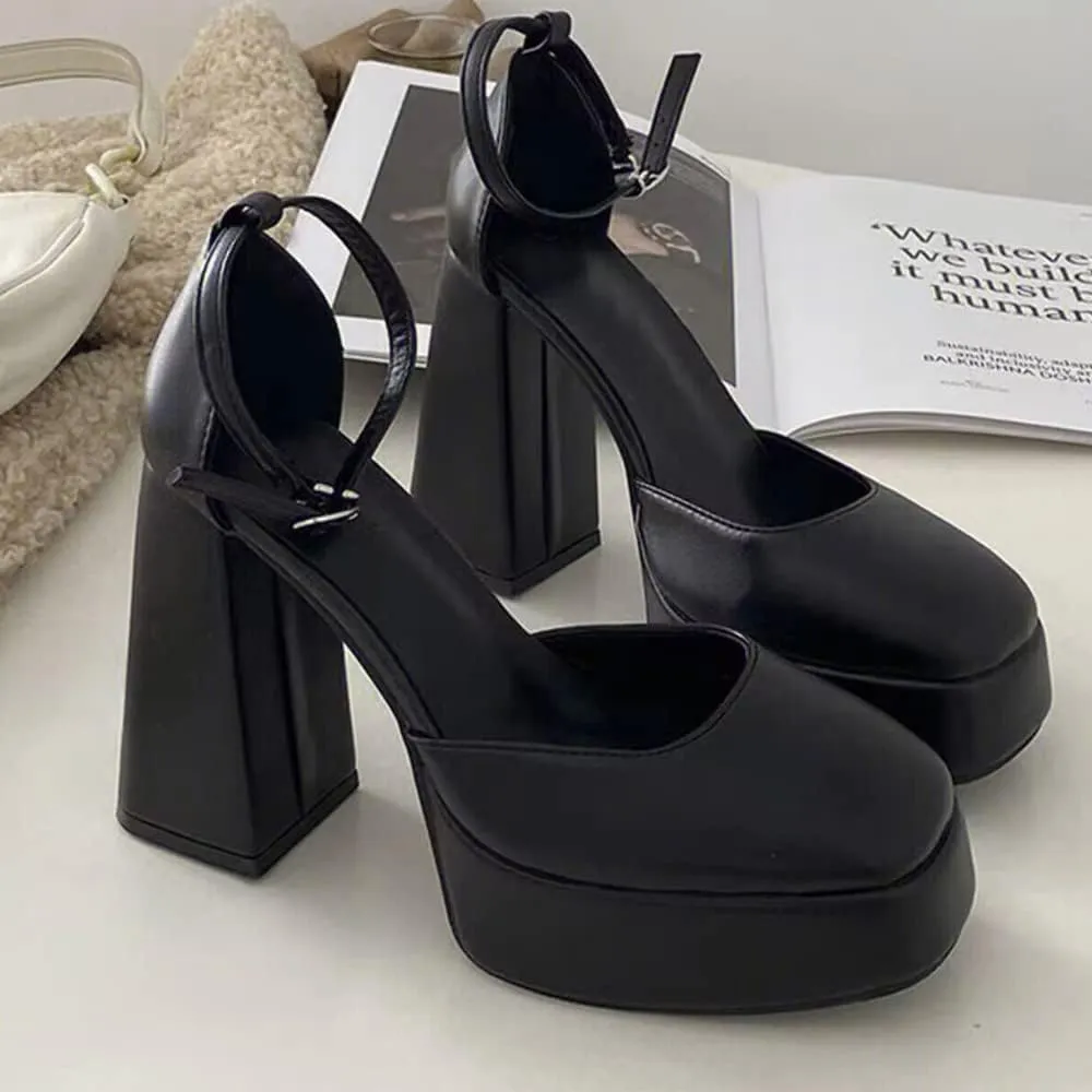 YIYA White Platform Heels for Women Ankle Strap Chunky Block High Heel Pumps Closed Square Toe Heels Comfortable Fashion High Heels