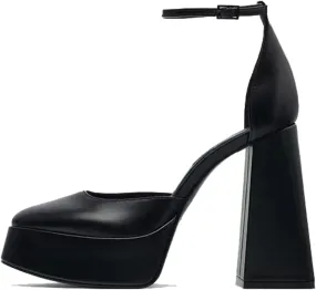 YIYA White Platform Heels for Women Ankle Strap Chunky Block High Heel Pumps Closed Square Toe Heels Comfortable Fashion High Heels