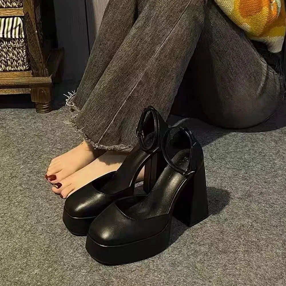 YIYA White Platform Heels for Women Ankle Strap Chunky Block High Heel Pumps Closed Square Toe Heels Comfortable Fashion High Heels