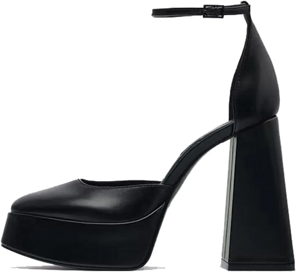 YIYA White Platform Heels for Women Ankle Strap Chunky Block High Heel Pumps Closed Square Toe Heels Comfortable Fashion High Heels
